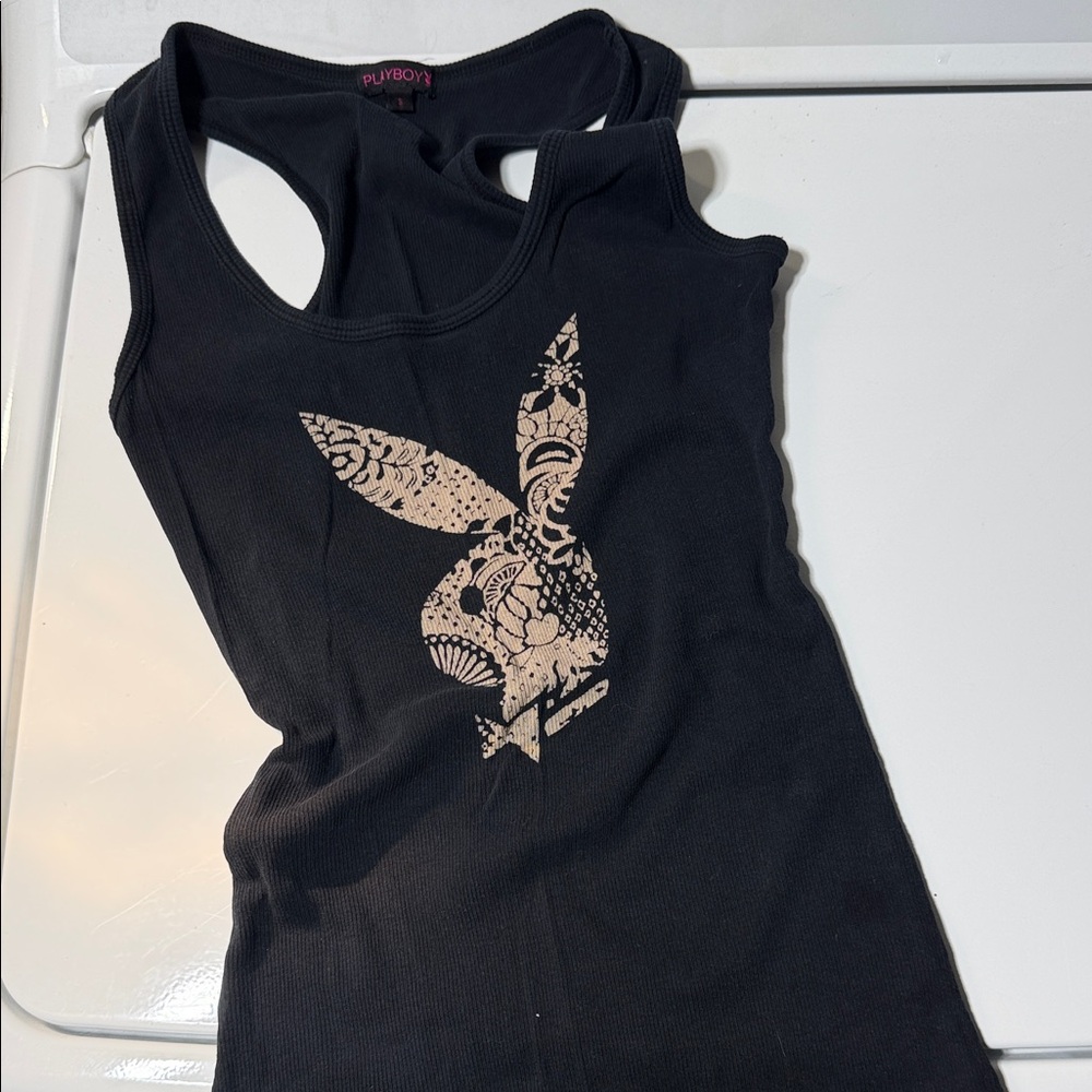 PLAYBOY Black Racerback Tank with Beige Patterned Bunny
